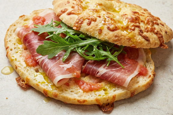 Sándwich de chipá con jamón serrano y rúcula sin gluten