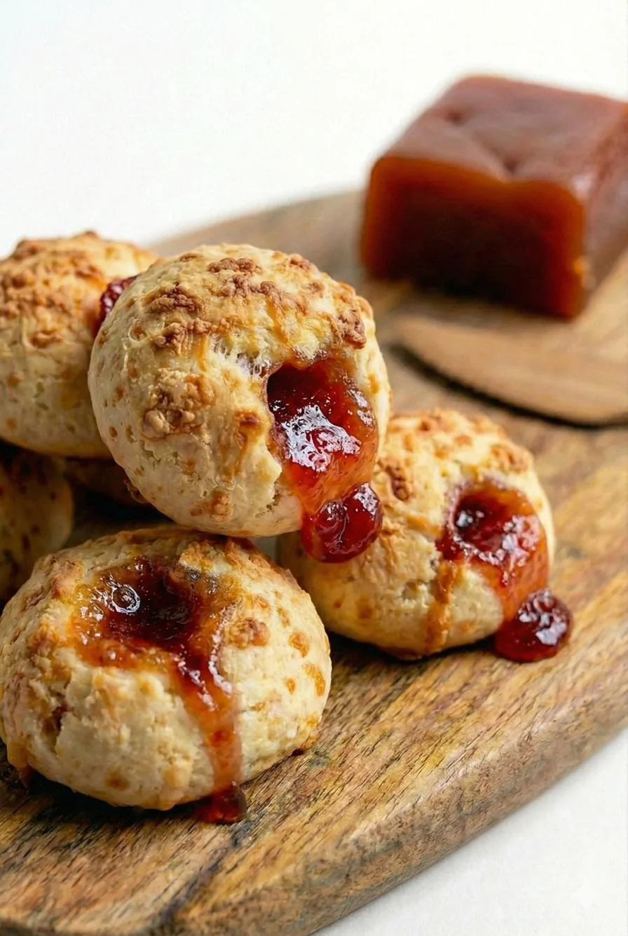 Chipás rellenos de dulce de membrillo, con un trozo de membrillo al fondo