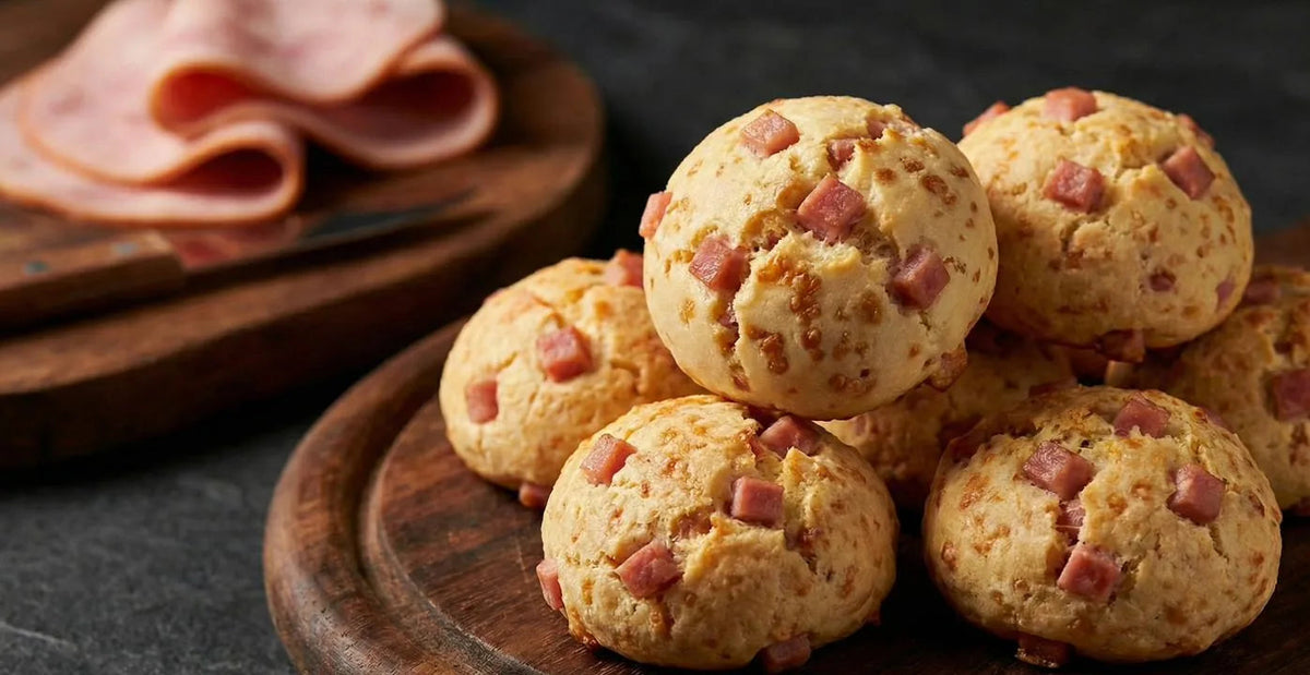 Chipás con trocitos de jamón york sobre una tabla de madera