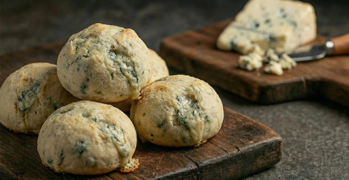 Chipás de queso azul sobre una tabla de madera, con un trozo de queso azul al fondo
