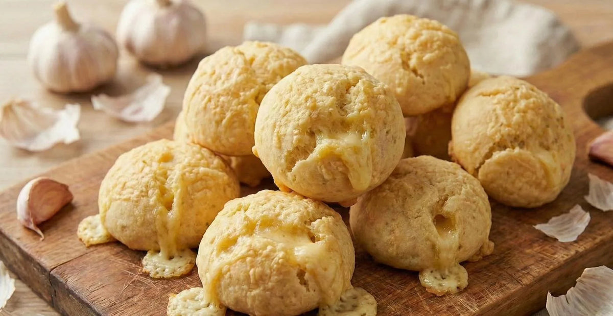 Chipajo: chipás de ajo y queso sobre una tabla de madera con ajos