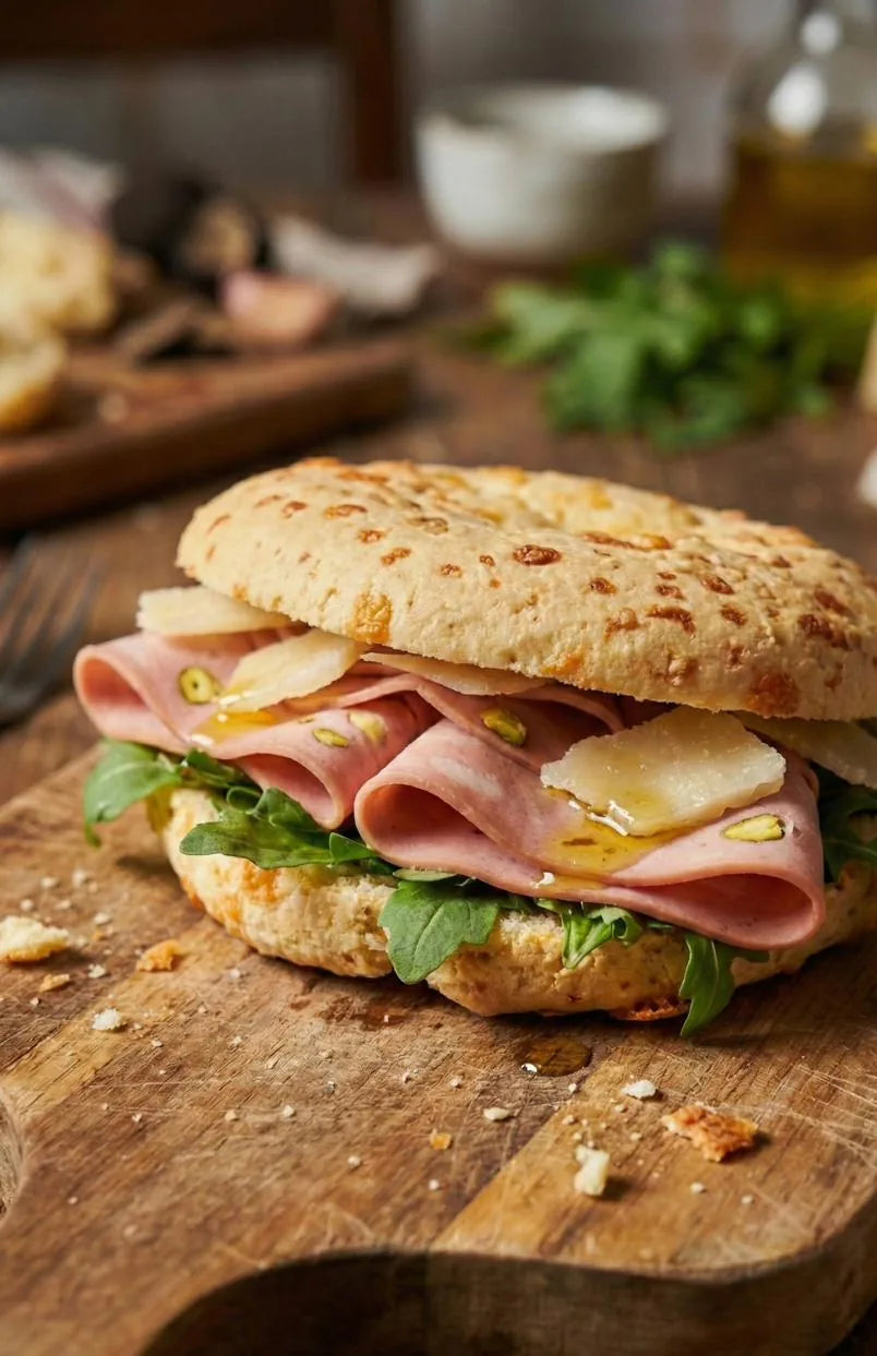 Chipanwhich, sándwich de chipá de mortadela, rúcula, parmesano y trufa