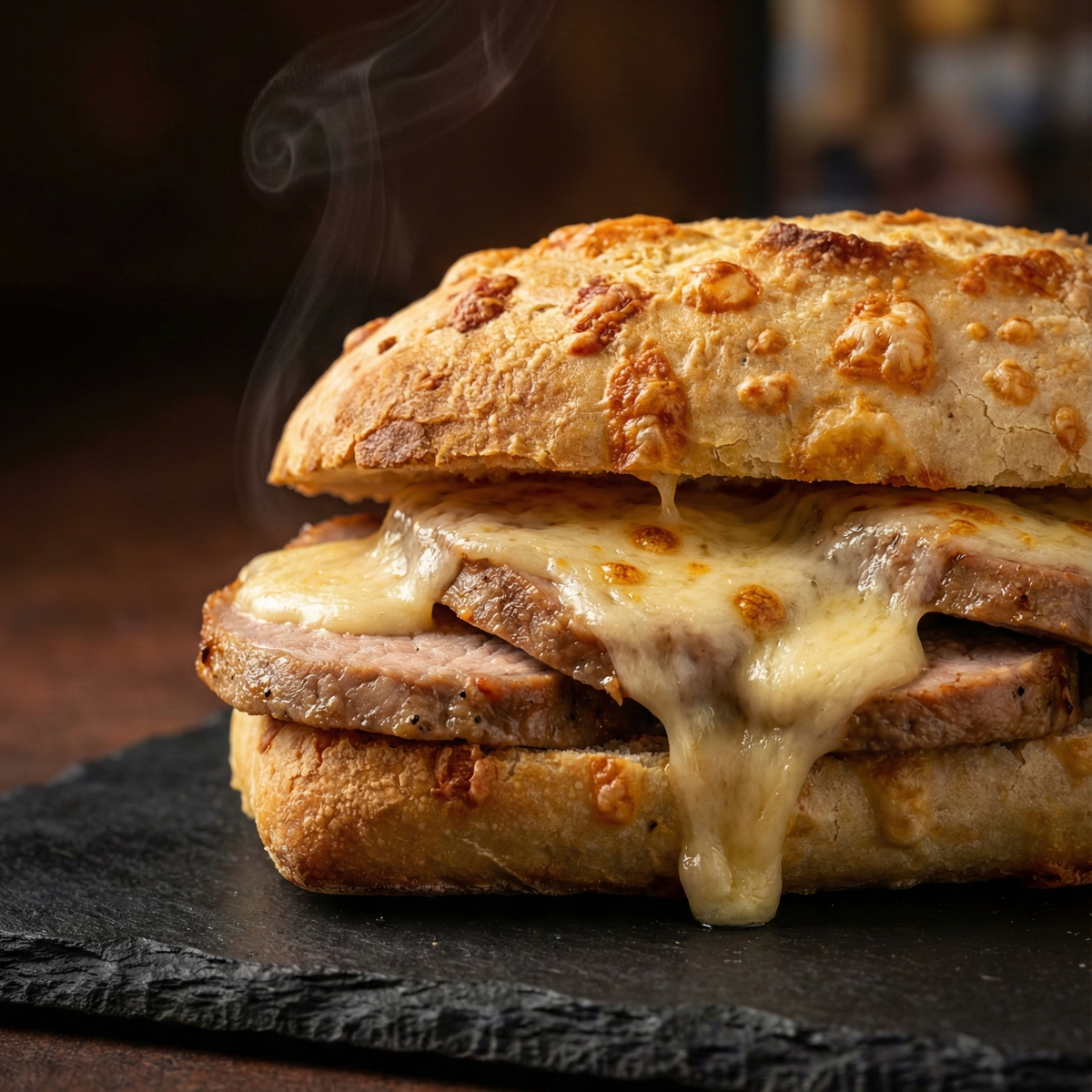 Sándwich de Chipá de Lomo, Queso y Cebolla Confitada