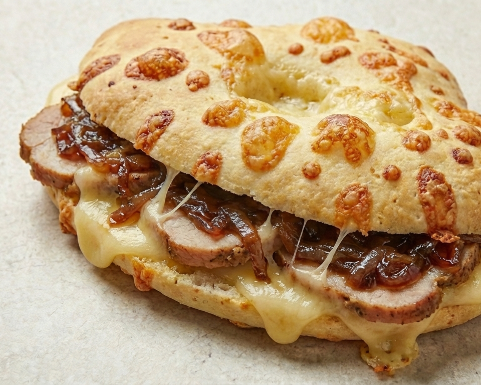 Sándwich de chipá con lomo, queso fundido y cebolla confitada