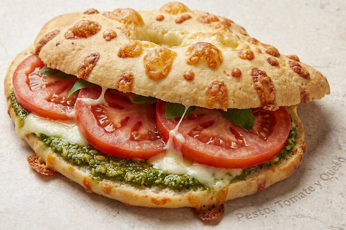 Sándwich de chipá veggie con pesto, tomate y queso fundido