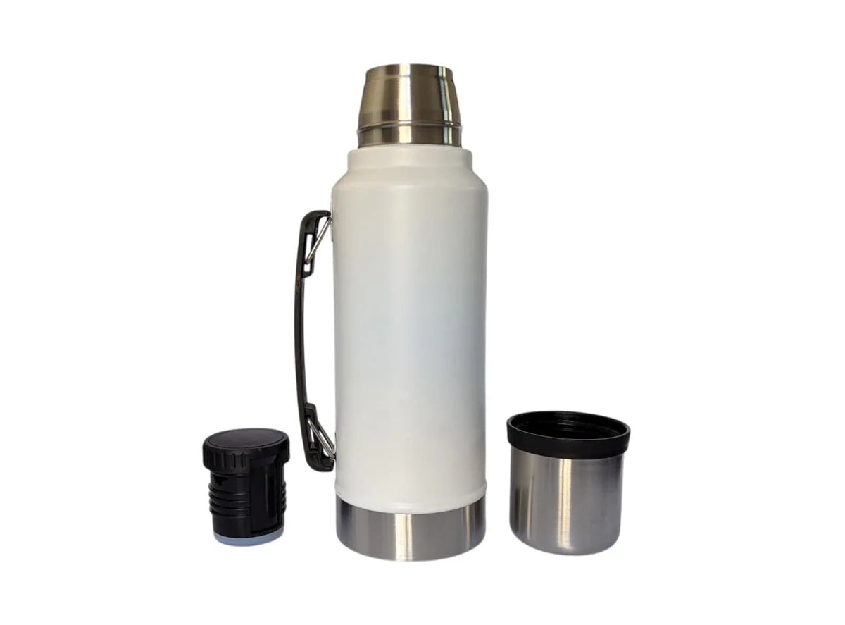 Termo de acero inoxidable blanco con tapón y vaso