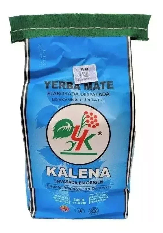 Frente del paquete de yerba mate Kalena suave, elaborada despalada, de 500 g